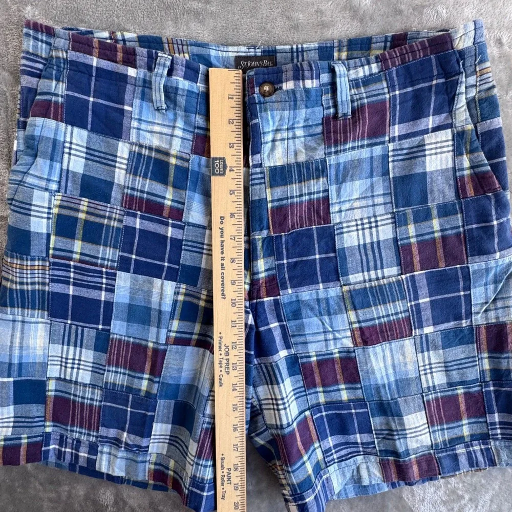 St Johns Bay Patchwork Plaid‎ Shorts Mens 38 Blue Madras Preppy Coastal Cotton